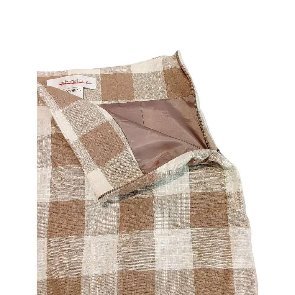 Storets Pencil Mini Skirt Lined Plaid White Brown Vintage Style Womens Small